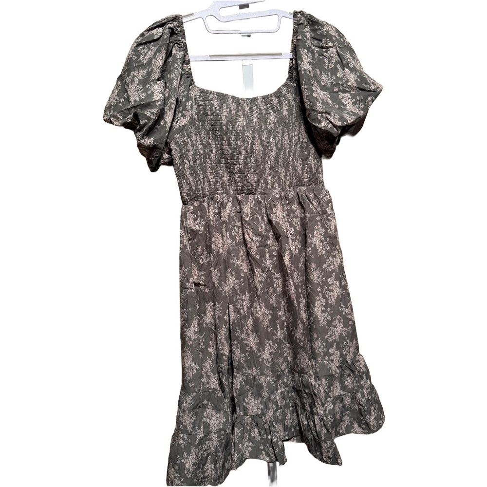 In February Floral Puff-Sleeve Tie-Front Mini Dress in Seagrass size large - Picture 3 of 5